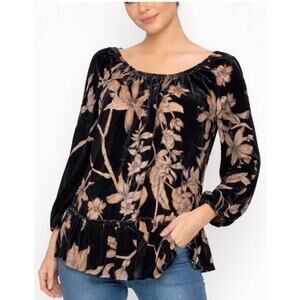 Democracy Womens Blouse L Ruched Sleeves Velvet Burnout Fairy Peplum Whimsigoth